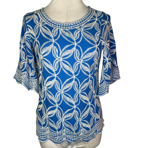 BUNDLE OF 2 Solitaire Top MEDIUM Embroidered Pink Blue Crewneck Scalloped Boho - Picture 8 of 11